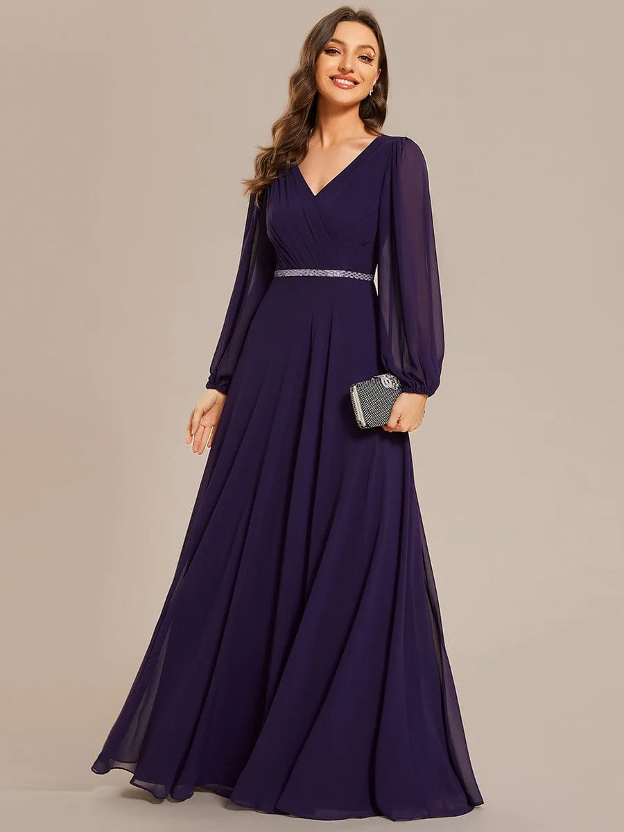 Clara | Pleated Double V-Neck Long Sleeves Shiny Belt Chiffon Evening Dress