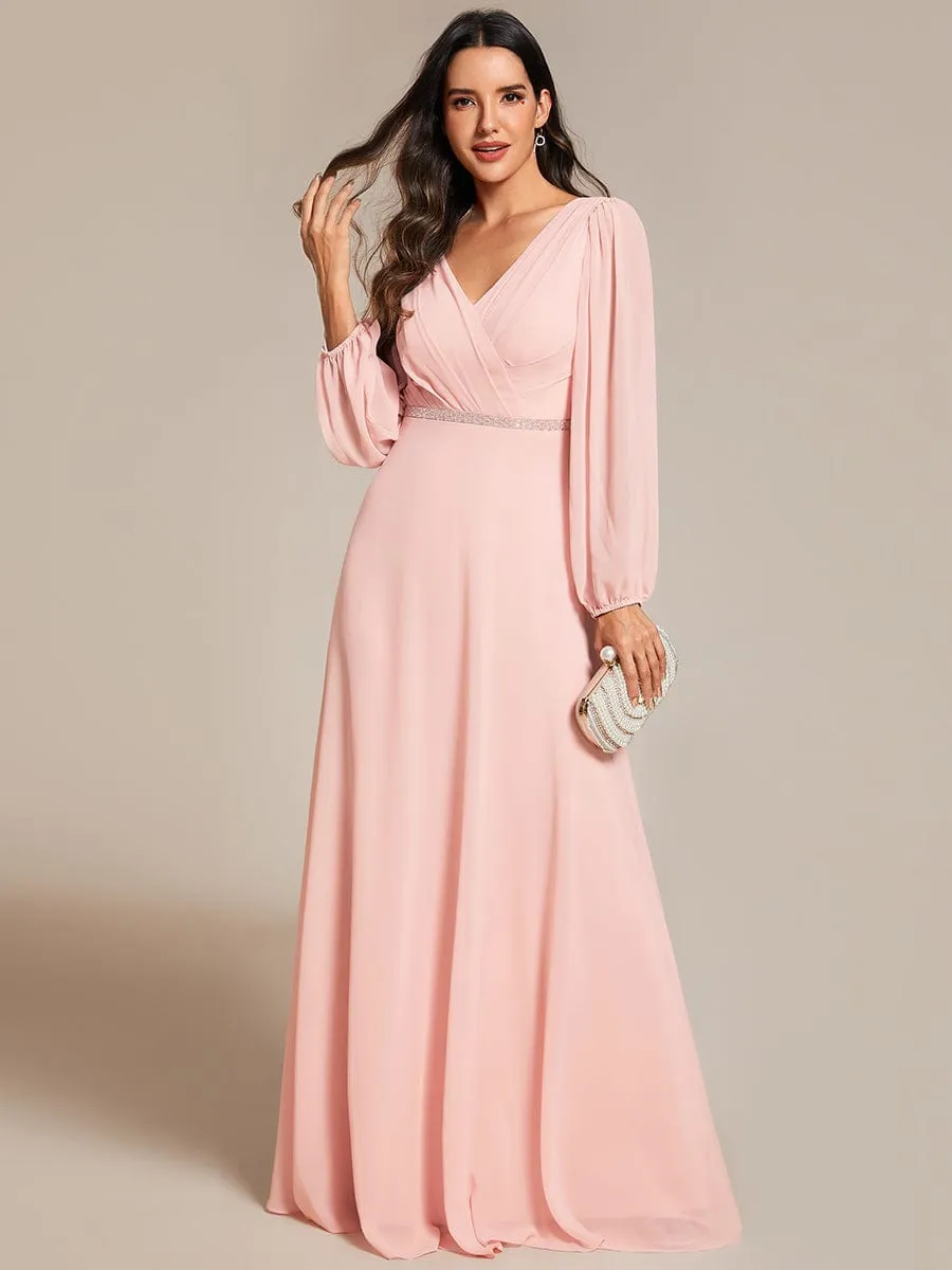 Clara | Pleated Double V-Neck Long Sleeves Shiny Belt Chiffon Evening Dress