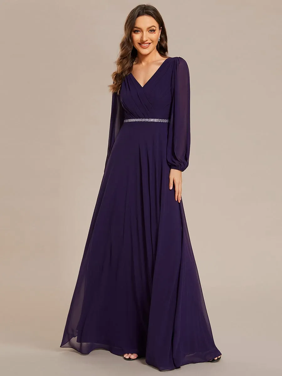 Clara | Pleated Double V-Neck Long Sleeves Shiny Belt Chiffon Evening Dress