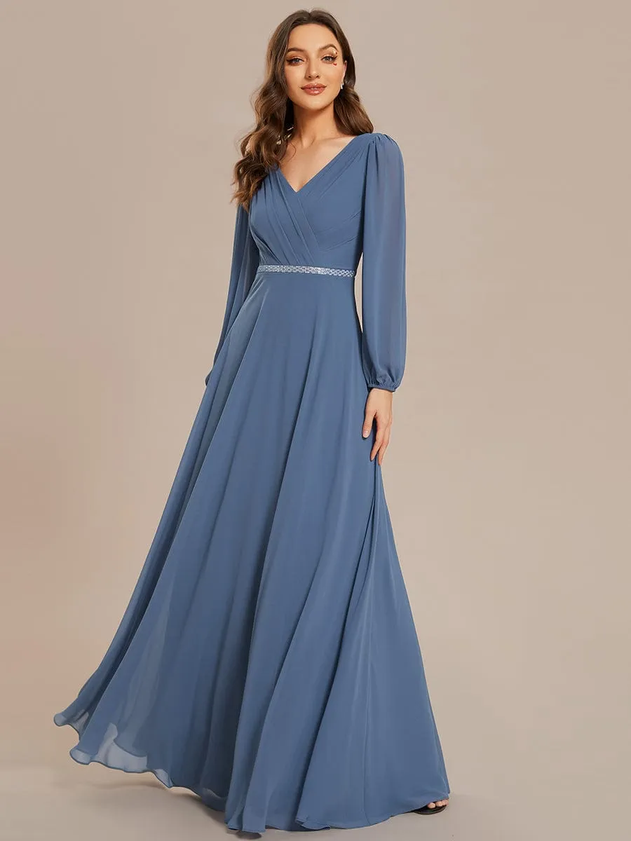 Clara | Pleated Double V-Neck Long Sleeves Shiny Belt Chiffon Evening Dress