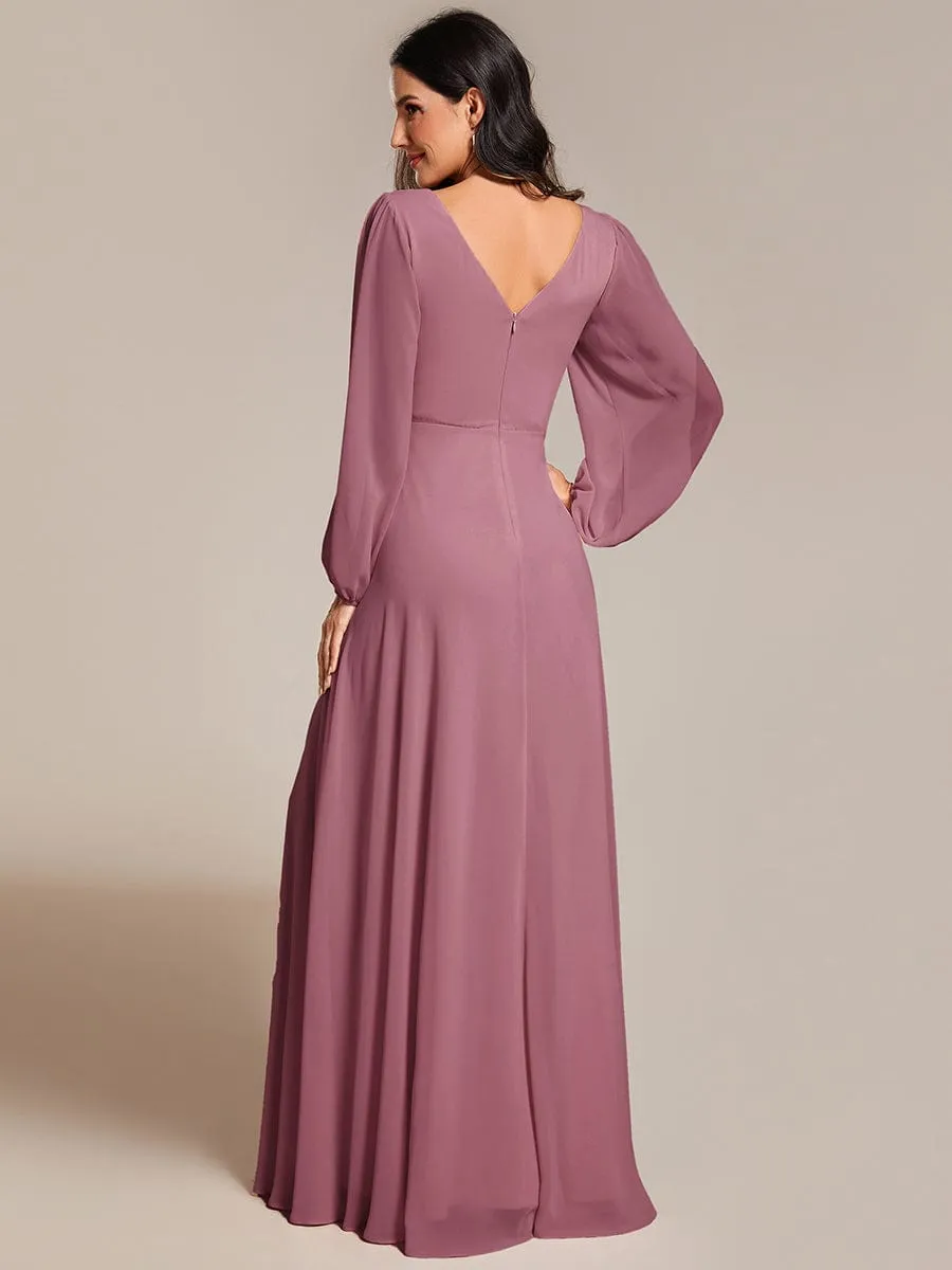 Clara | Pleated Double V-Neck Long Sleeves Shiny Belt Chiffon Evening Dress