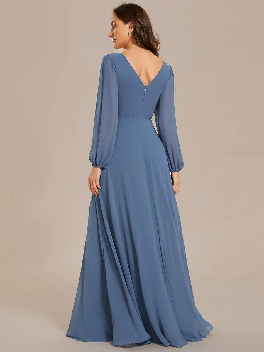 Clara | Pleated Double V-Neck Long Sleeves Shiny Belt Chiffon Evening Dress