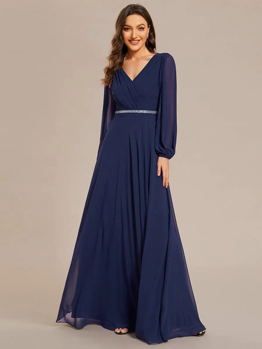 Clara | Pleated Double V-Neck Long Sleeves Shiny Belt Chiffon Evening Dress