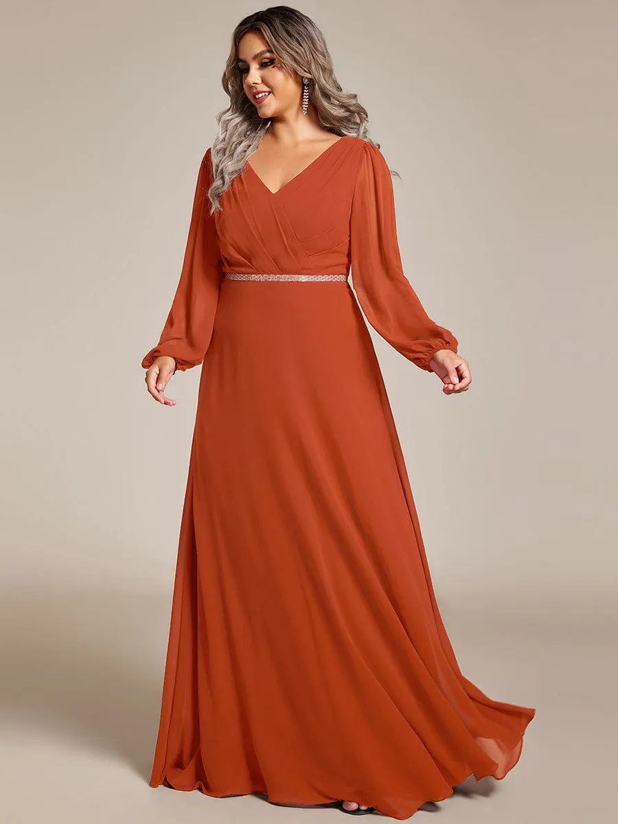 Clara | Pleated Double V-Neck Long Sleeves Shiny Belt Chiffon Evening Dress