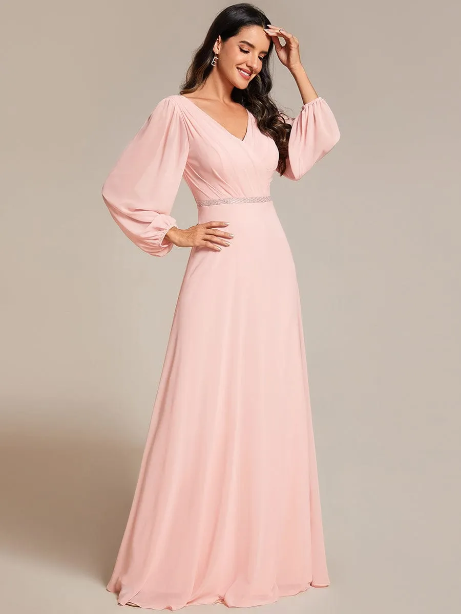 Clara | Pleated Double V-Neck Long Sleeves Shiny Belt Chiffon Evening Dress