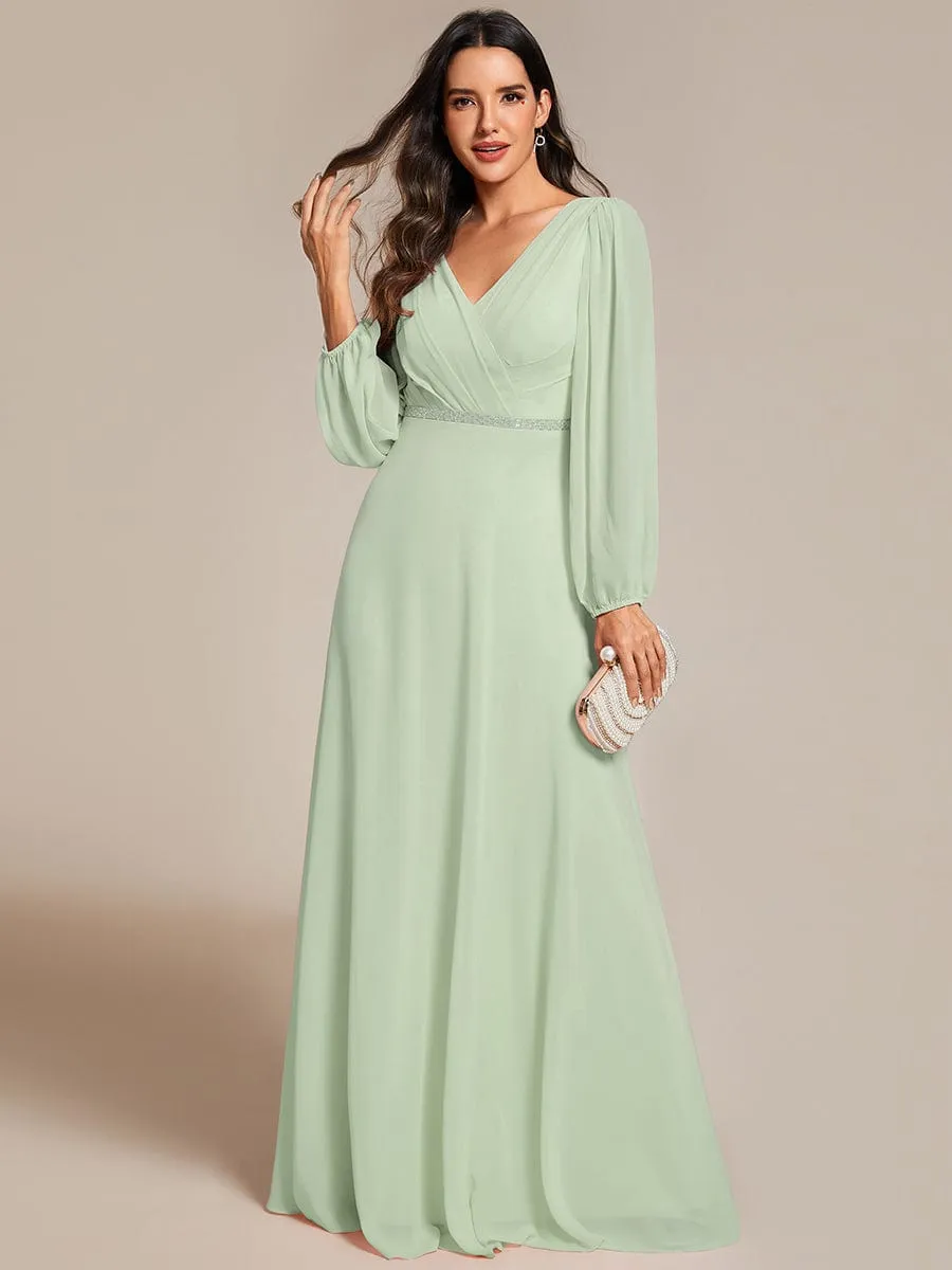 Clara | Pleated Double V-Neck Long Sleeves Shiny Belt Chiffon Evening Dress