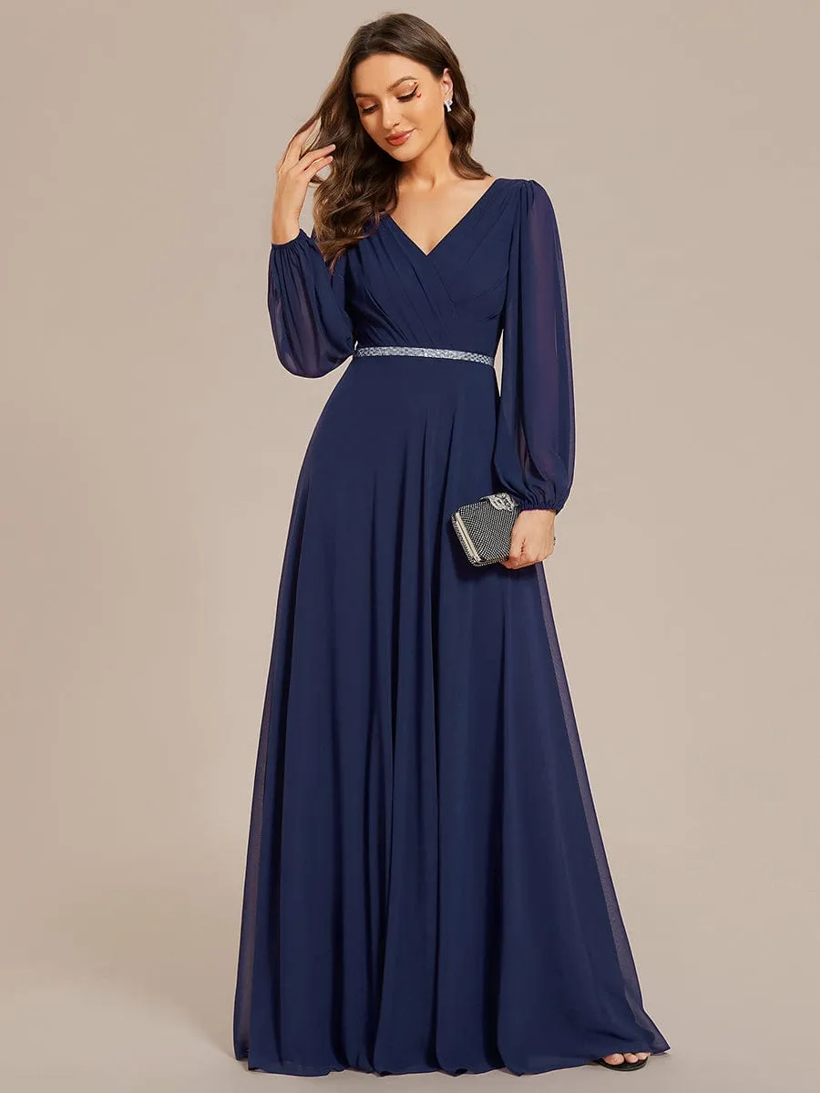 Clara | Pleated Double V-Neck Long Sleeves Shiny Belt Chiffon Evening Dress