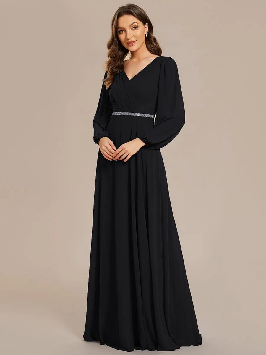 Clara | Pleated Double V-Neck Long Sleeves Shiny Belt Chiffon Evening Dress