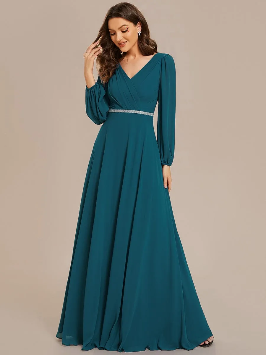 Clara | Pleated Double V-Neck Long Sleeves Shiny Belt Chiffon Evening Dress