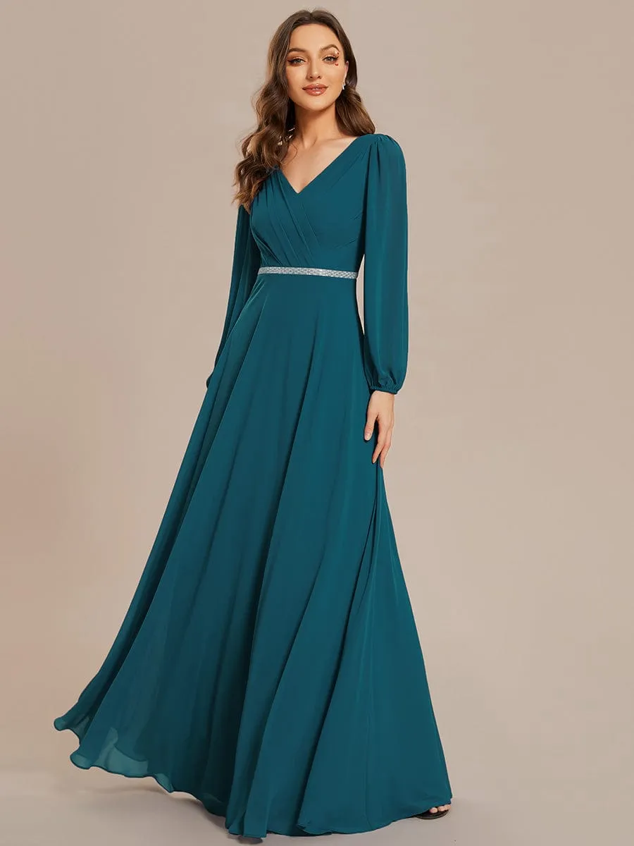 Clara | Pleated Double V-Neck Long Sleeves Shiny Belt Chiffon Evening Dress