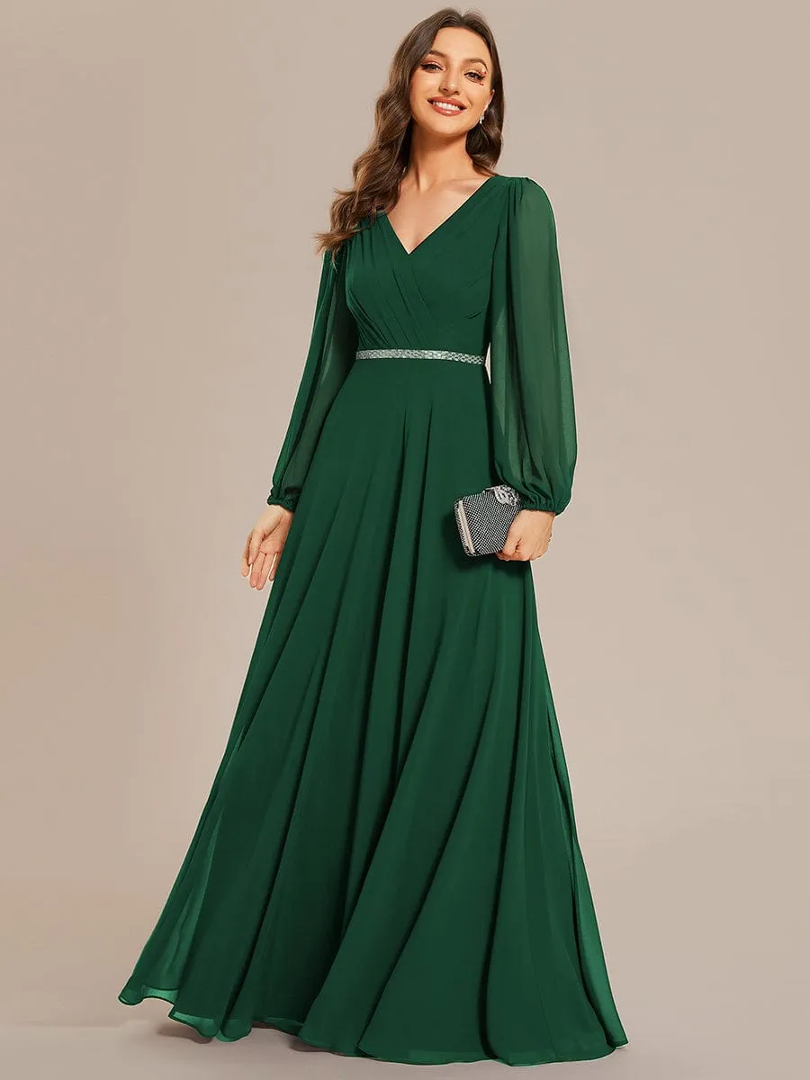 Clara | Pleated Double V-Neck Long Sleeves Shiny Belt Chiffon Evening Dress