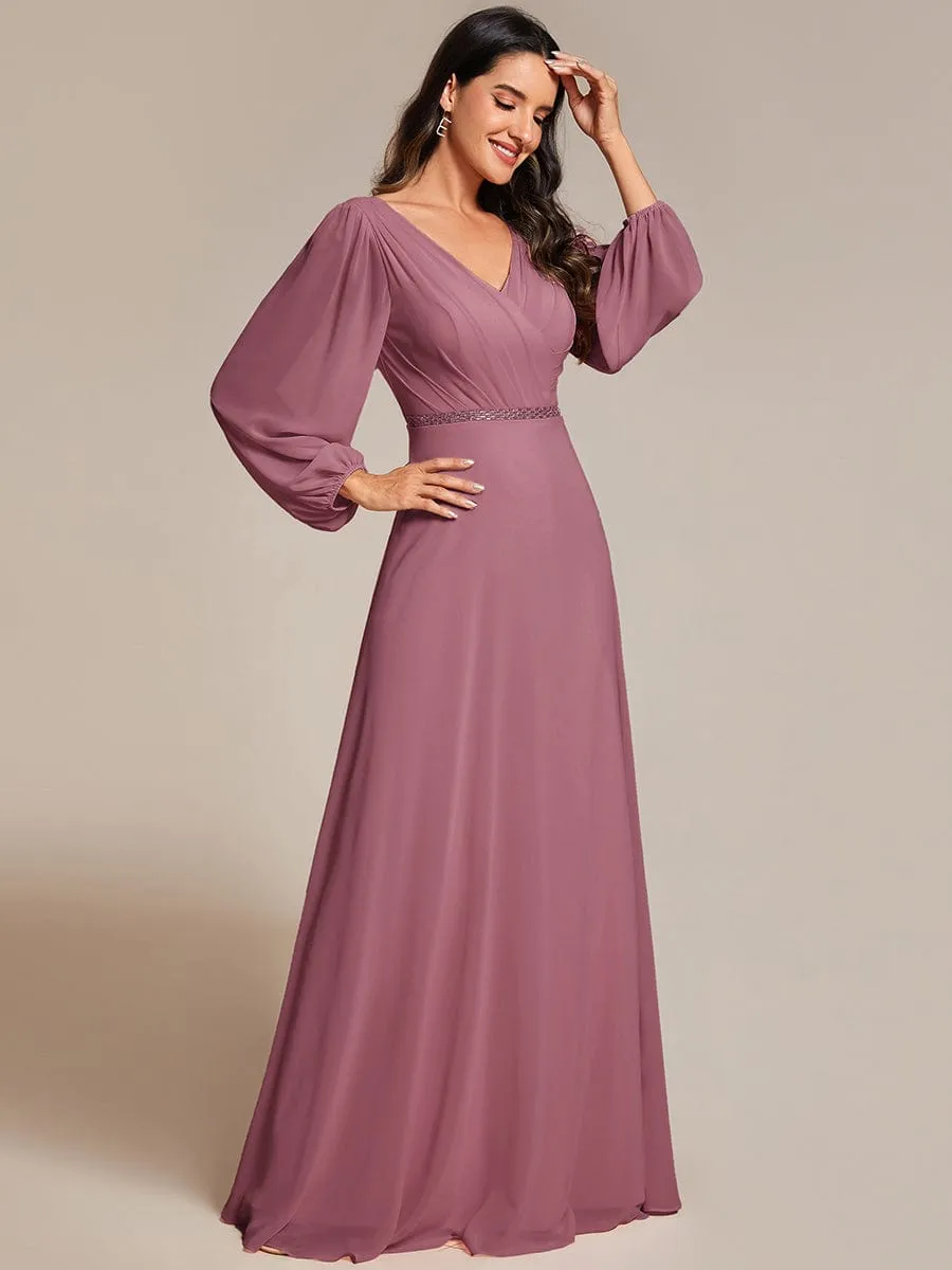 Clara | Pleated Double V-Neck Long Sleeves Shiny Belt Chiffon Evening Dress