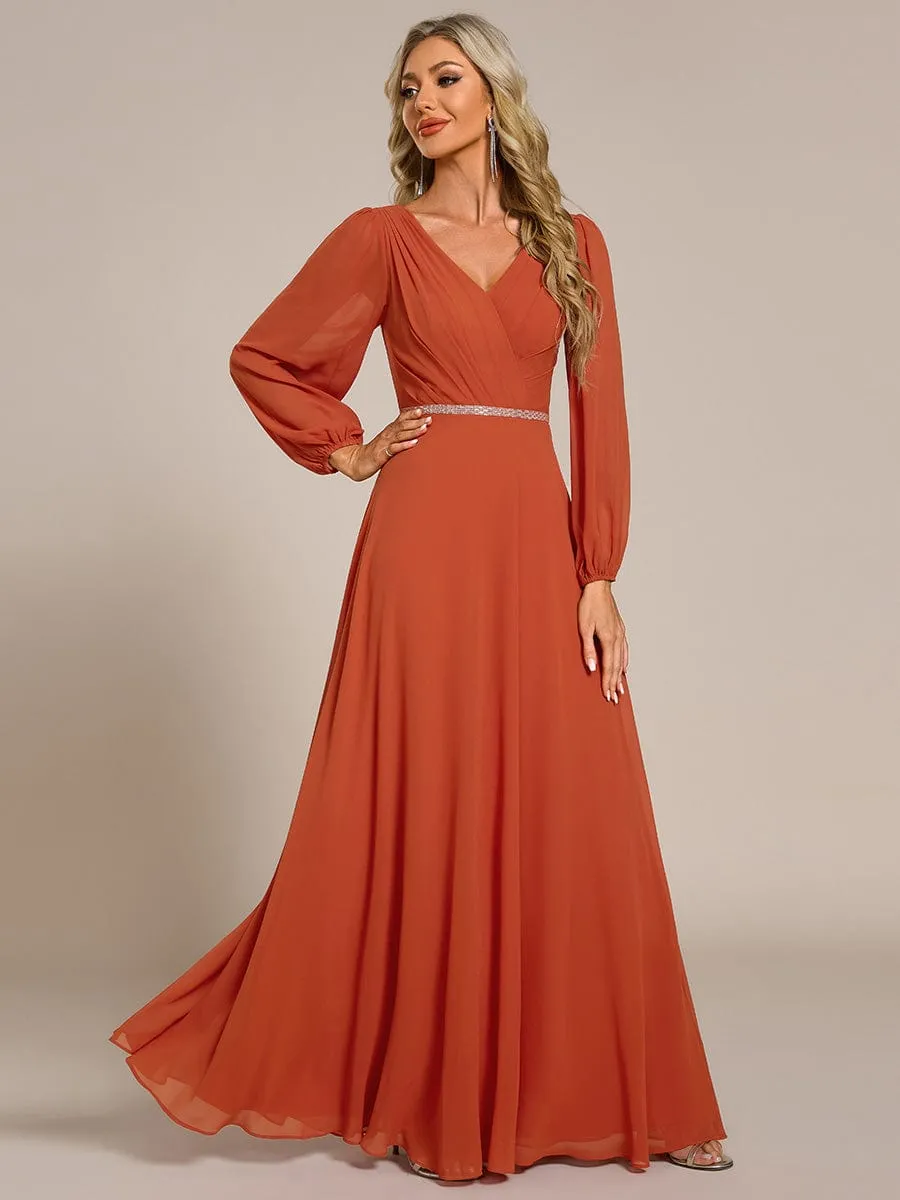 Clara | Pleated Double V-Neck Long Sleeves Shiny Belt Chiffon Evening Dress