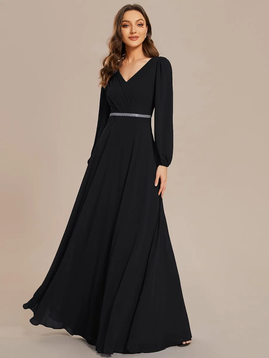 Clara | Pleated Double V-Neck Long Sleeves Shiny Belt Chiffon Evening Dress