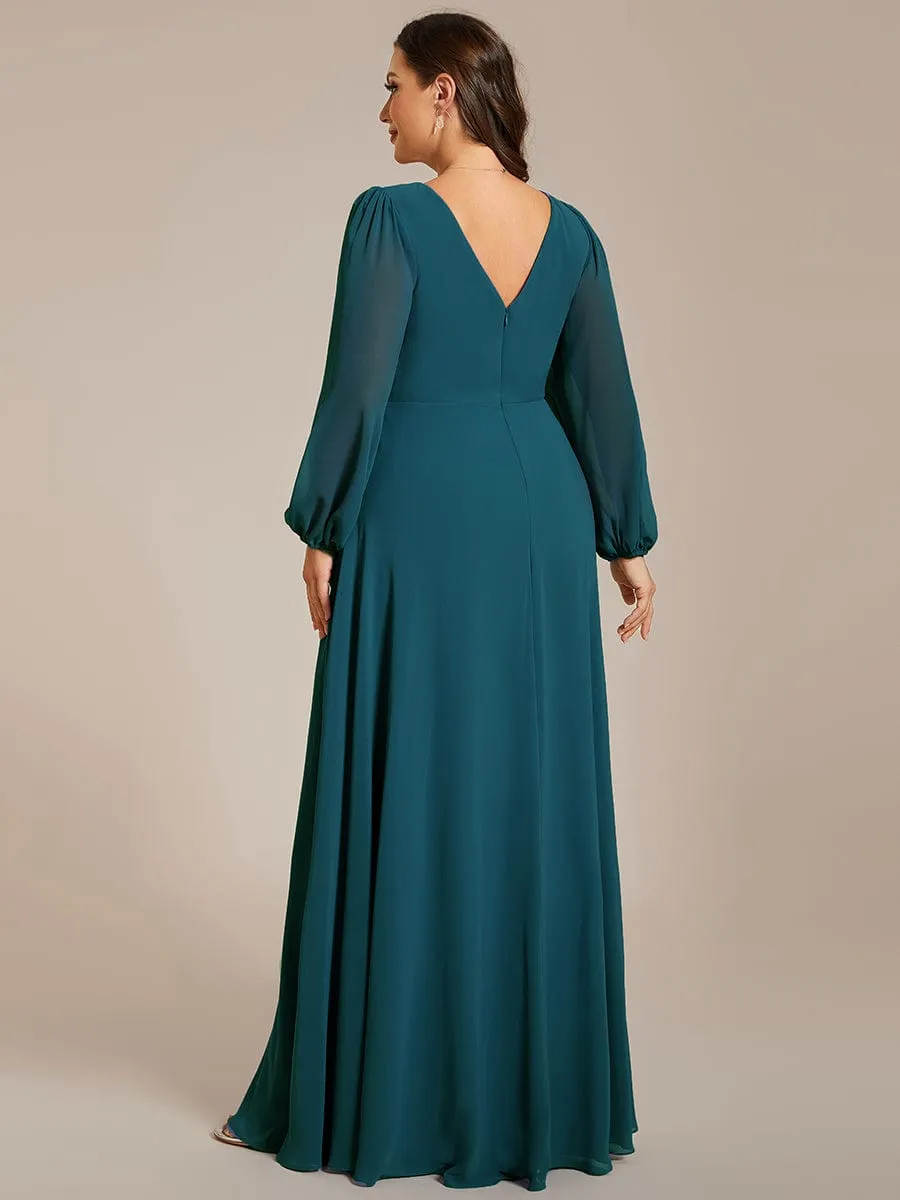 Clara | Pleated Double V-Neck Long Sleeves Shiny Belt Chiffon Evening Dress