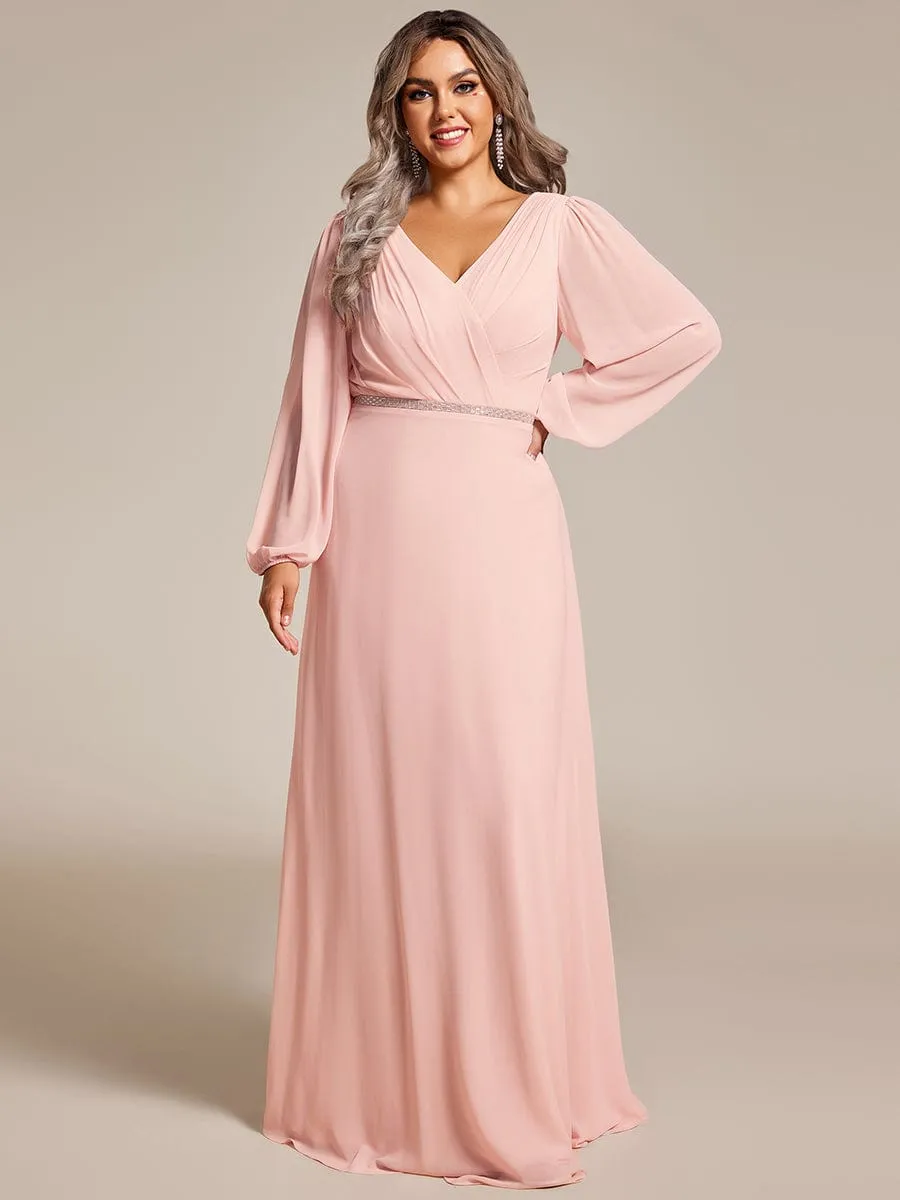 Clara | Pleated Double V-Neck Long Sleeves Shiny Belt Chiffon Evening Dress