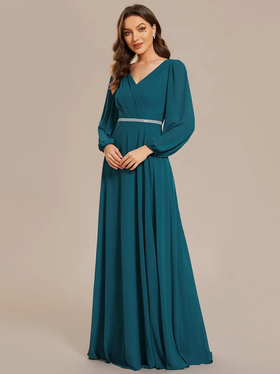 Clara | Pleated Double V-Neck Long Sleeves Shiny Belt Chiffon Evening Dress