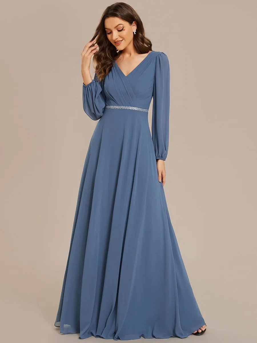 Clara | Pleated Double V-Neck Long Sleeves Shiny Belt Chiffon Evening Dress