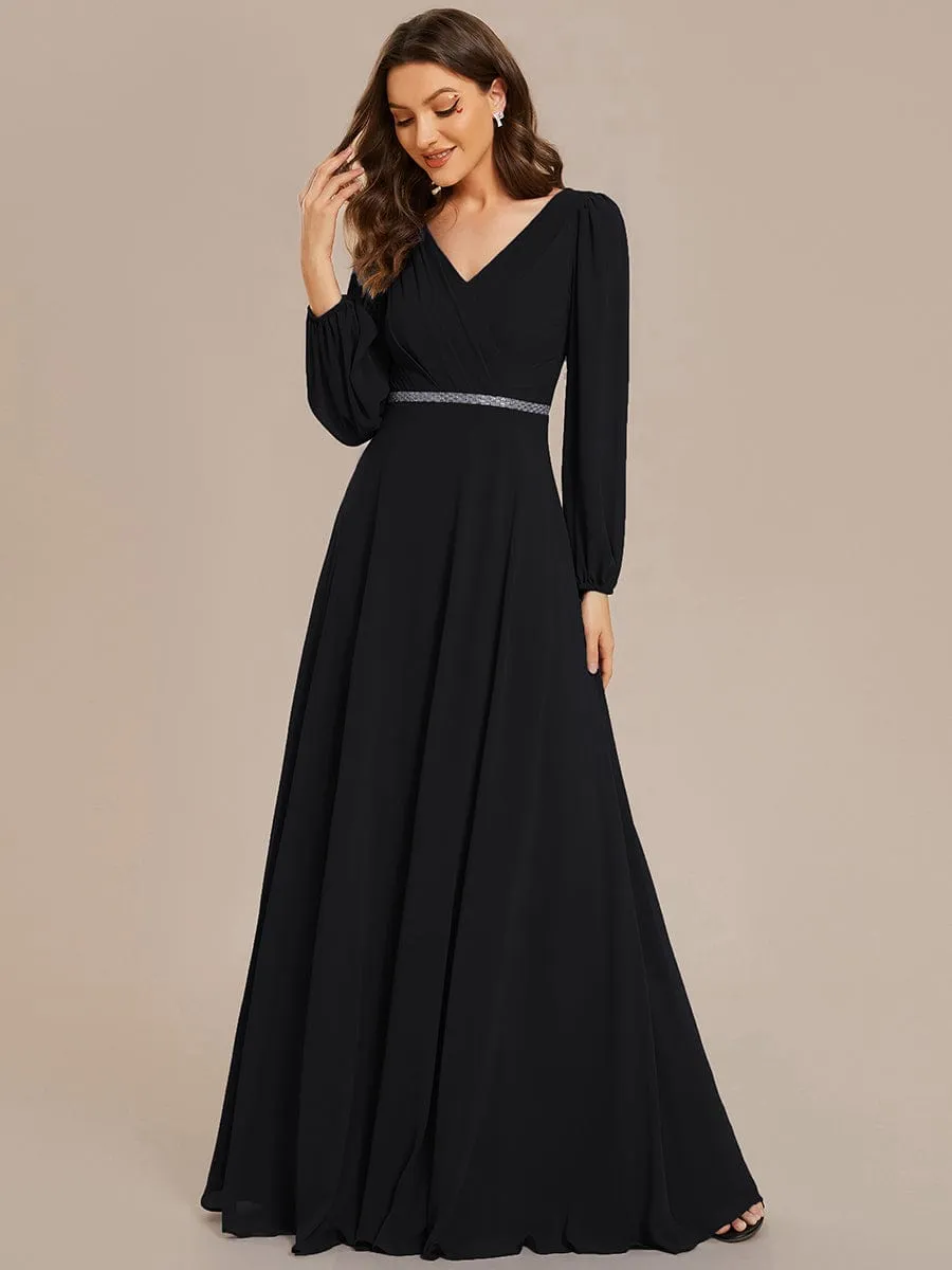 Clara | Pleated Double V-Neck Long Sleeves Shiny Belt Chiffon Evening Dress