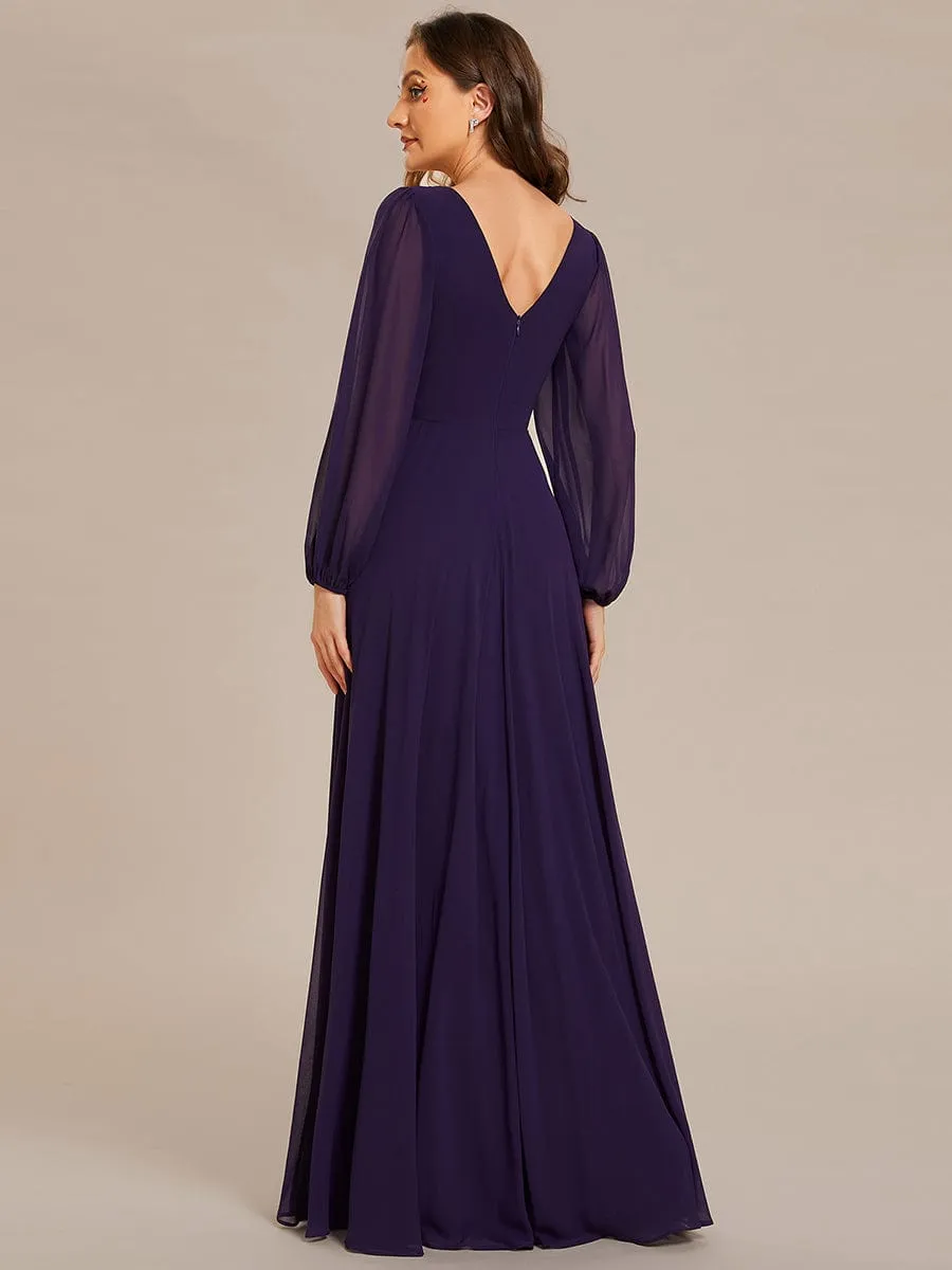 Clara | Pleated Double V-Neck Long Sleeves Shiny Belt Chiffon Evening Dress