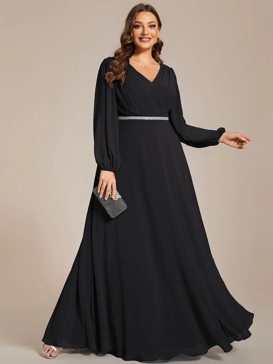 Clara | Pleated Double V-Neck Long Sleeves Shiny Belt Chiffon Evening Dress