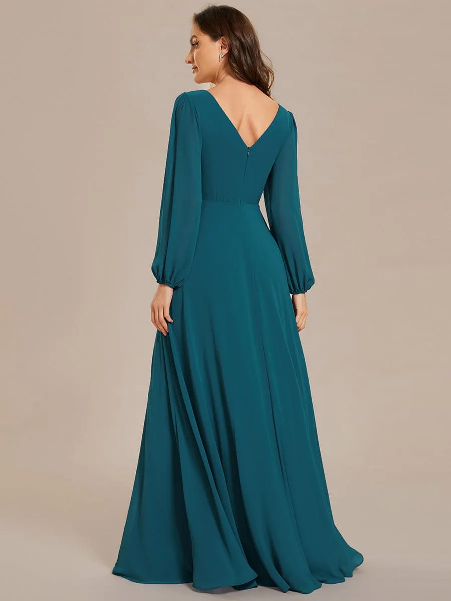 Clara | Pleated Double V-Neck Long Sleeves Shiny Belt Chiffon Evening Dress