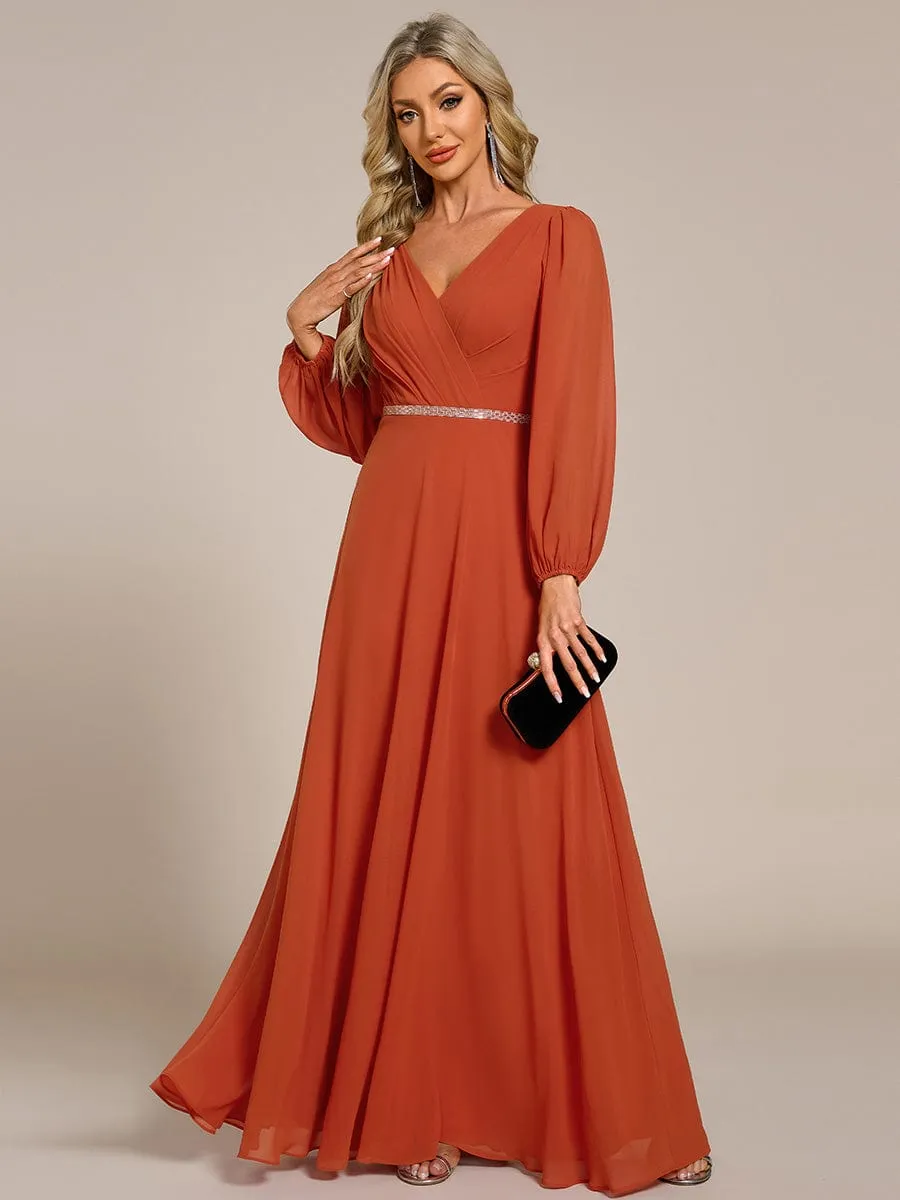 Clara | Pleated Double V-Neck Long Sleeves Shiny Belt Chiffon Evening Dress