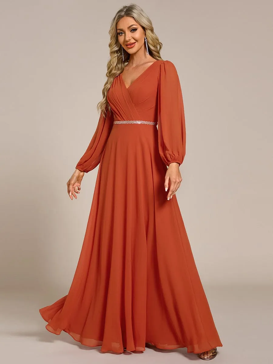 Clara | Pleated Double V-Neck Long Sleeves Shiny Belt Chiffon Evening Dress