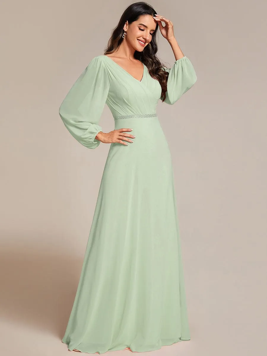 Clara | Pleated Double V-Neck Long Sleeves Shiny Belt Chiffon Evening Dress