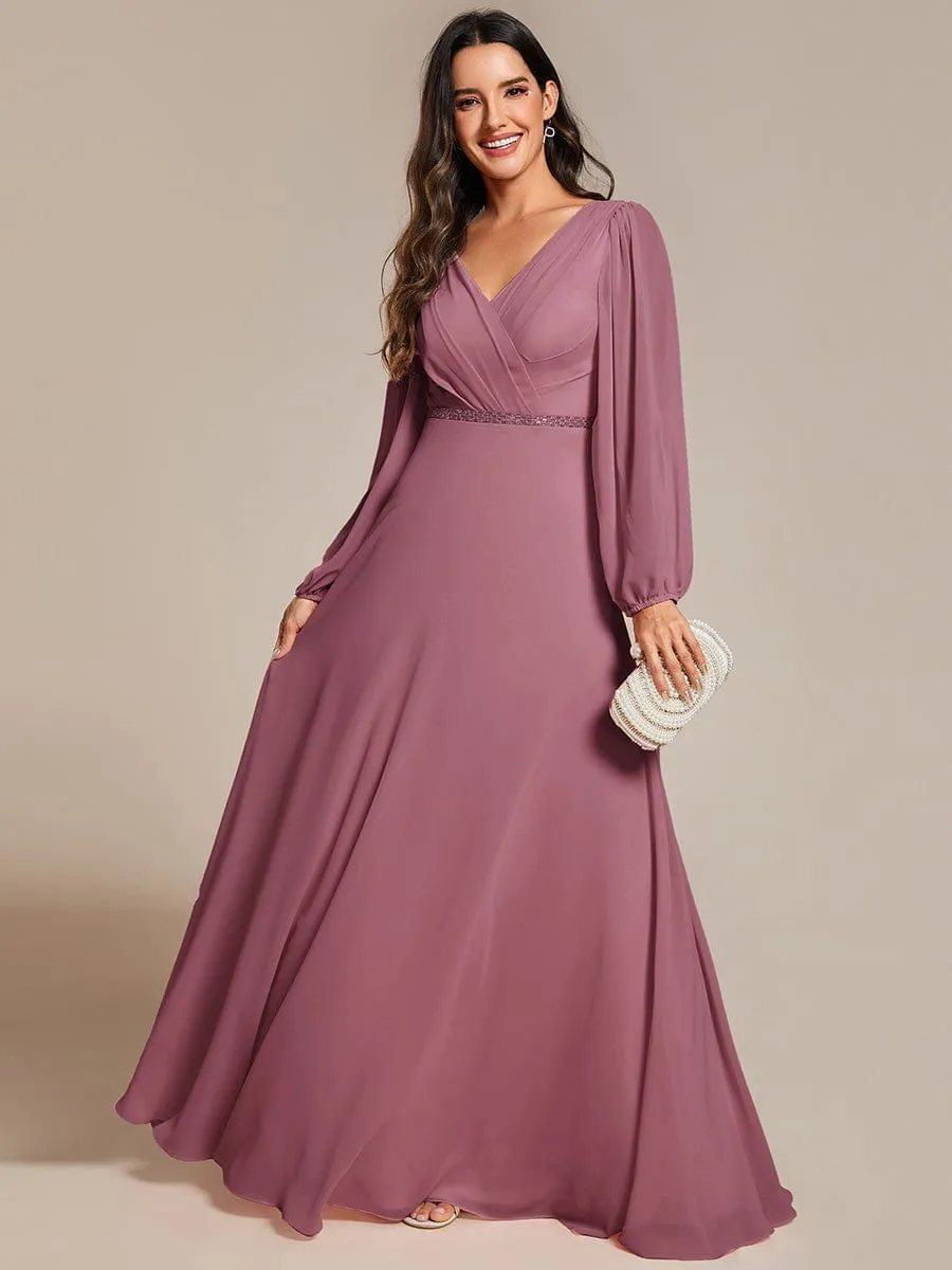 Clara | Pleated Double V-Neck Long Sleeves Shiny Belt Chiffon Evening Dress