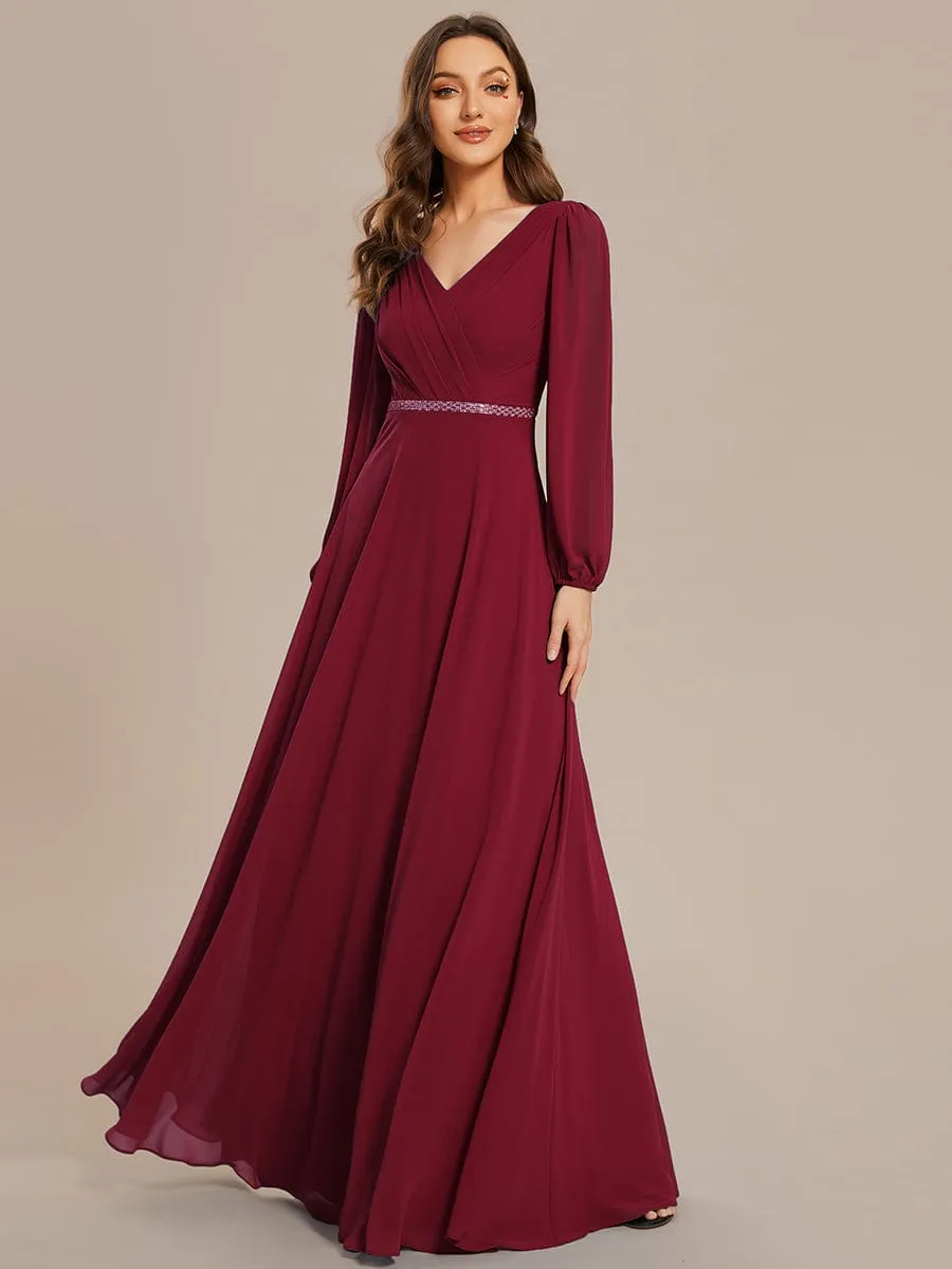 Clara | Pleated Double V-Neck Long Sleeves Shiny Belt Chiffon Evening Dress