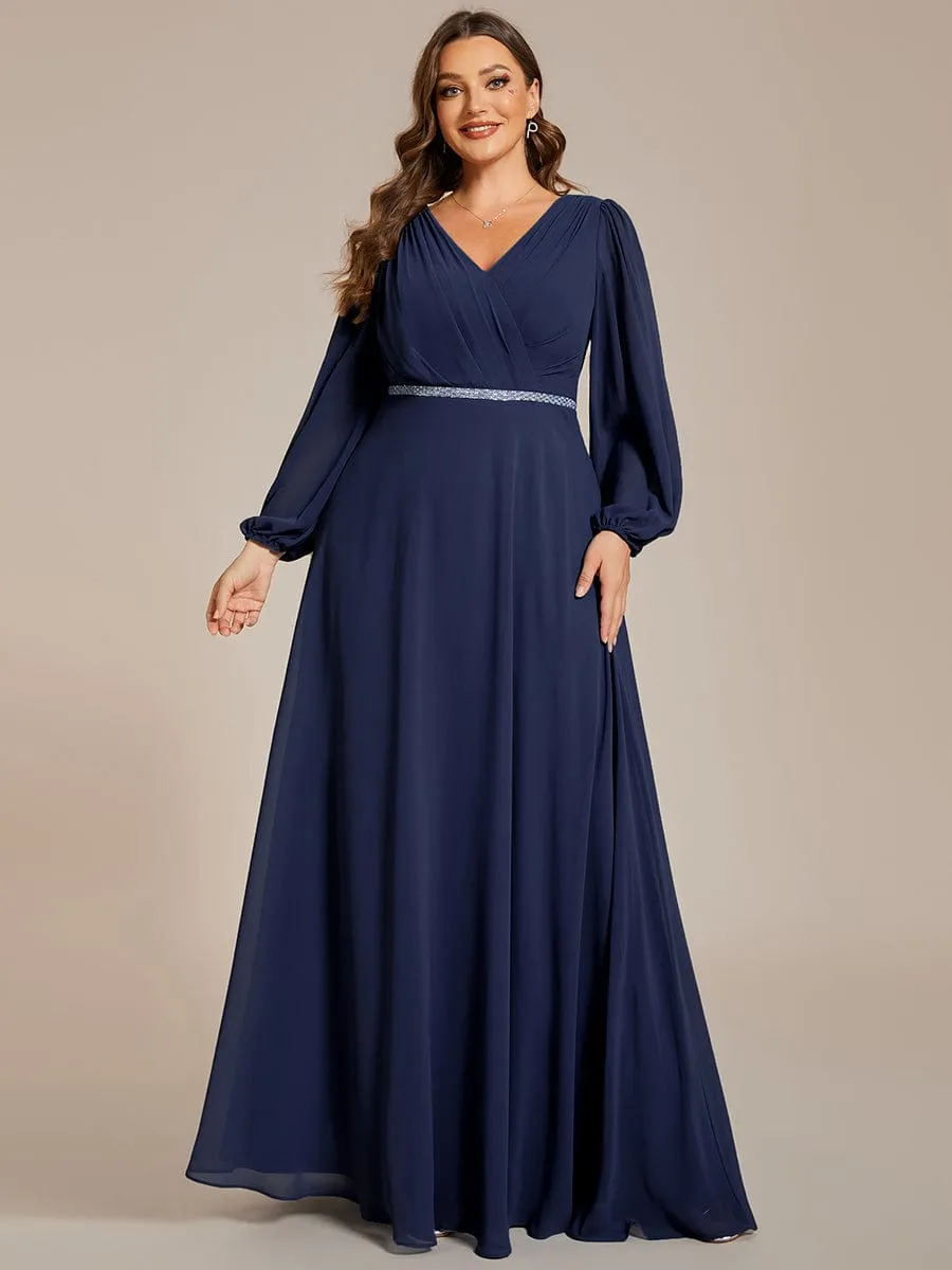 Clara | Pleated Double V-Neck Long Sleeves Shiny Belt Chiffon Evening Dress