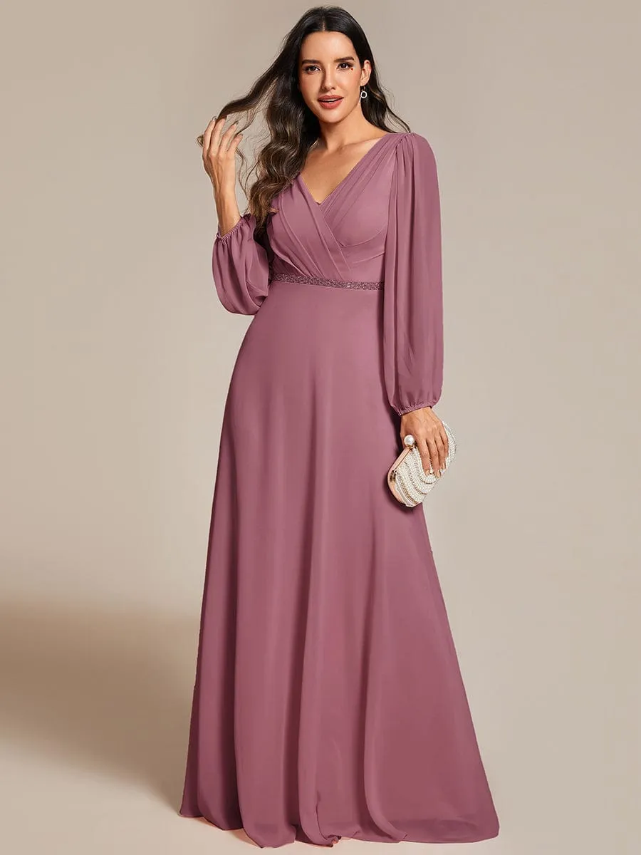 Clara | Pleated Double V-Neck Long Sleeves Shiny Belt Chiffon Evening Dress