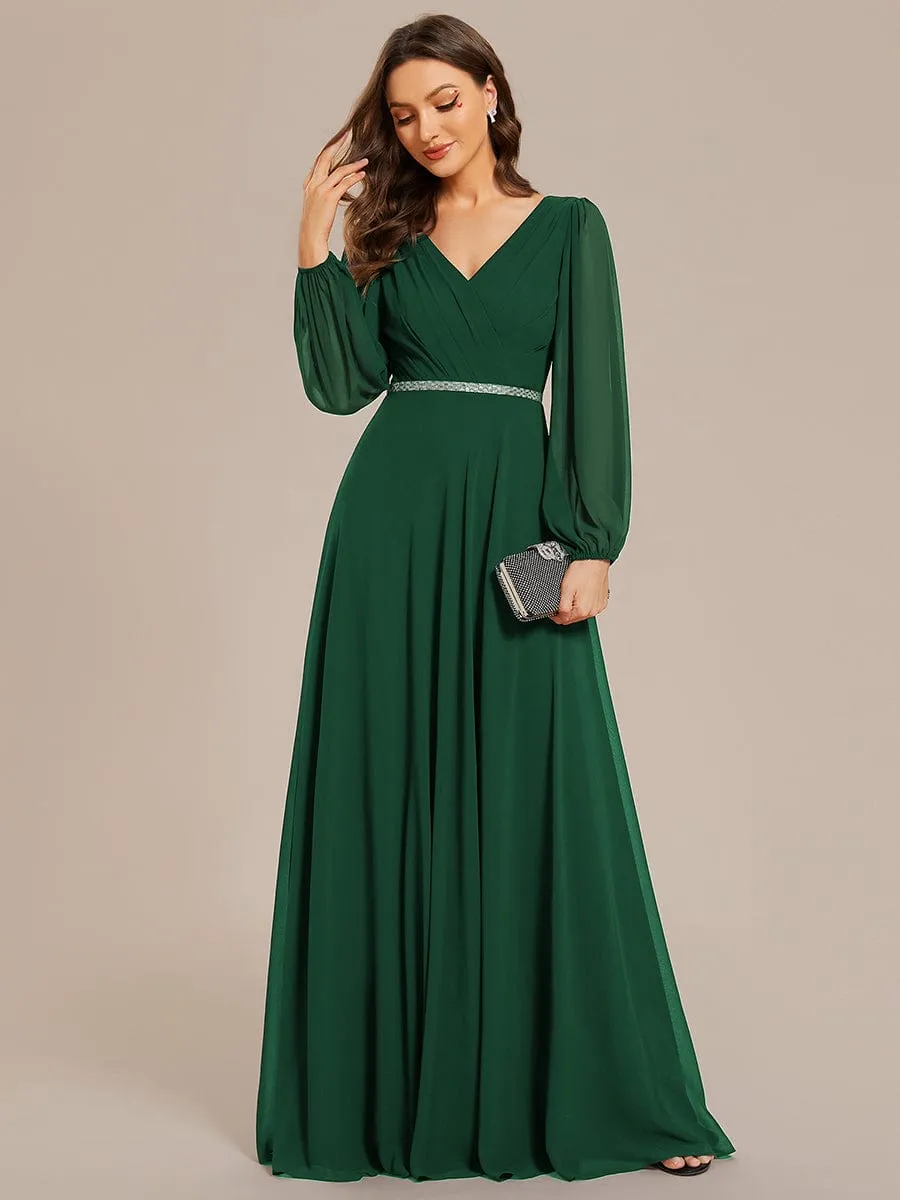 Clara | Pleated Double V-Neck Long Sleeves Shiny Belt Chiffon Evening Dress