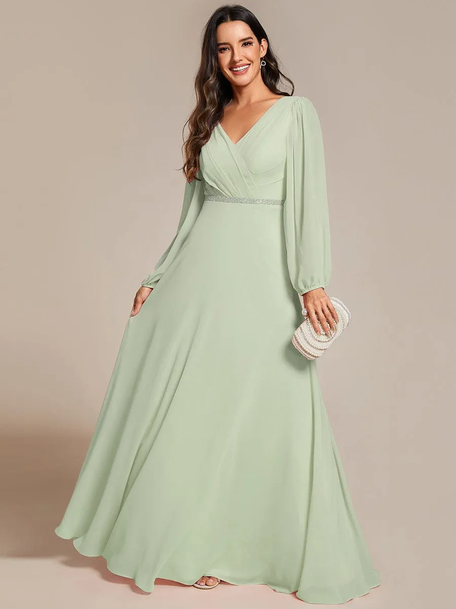 Clara | Pleated Double V-Neck Long Sleeves Shiny Belt Chiffon Evening Dress