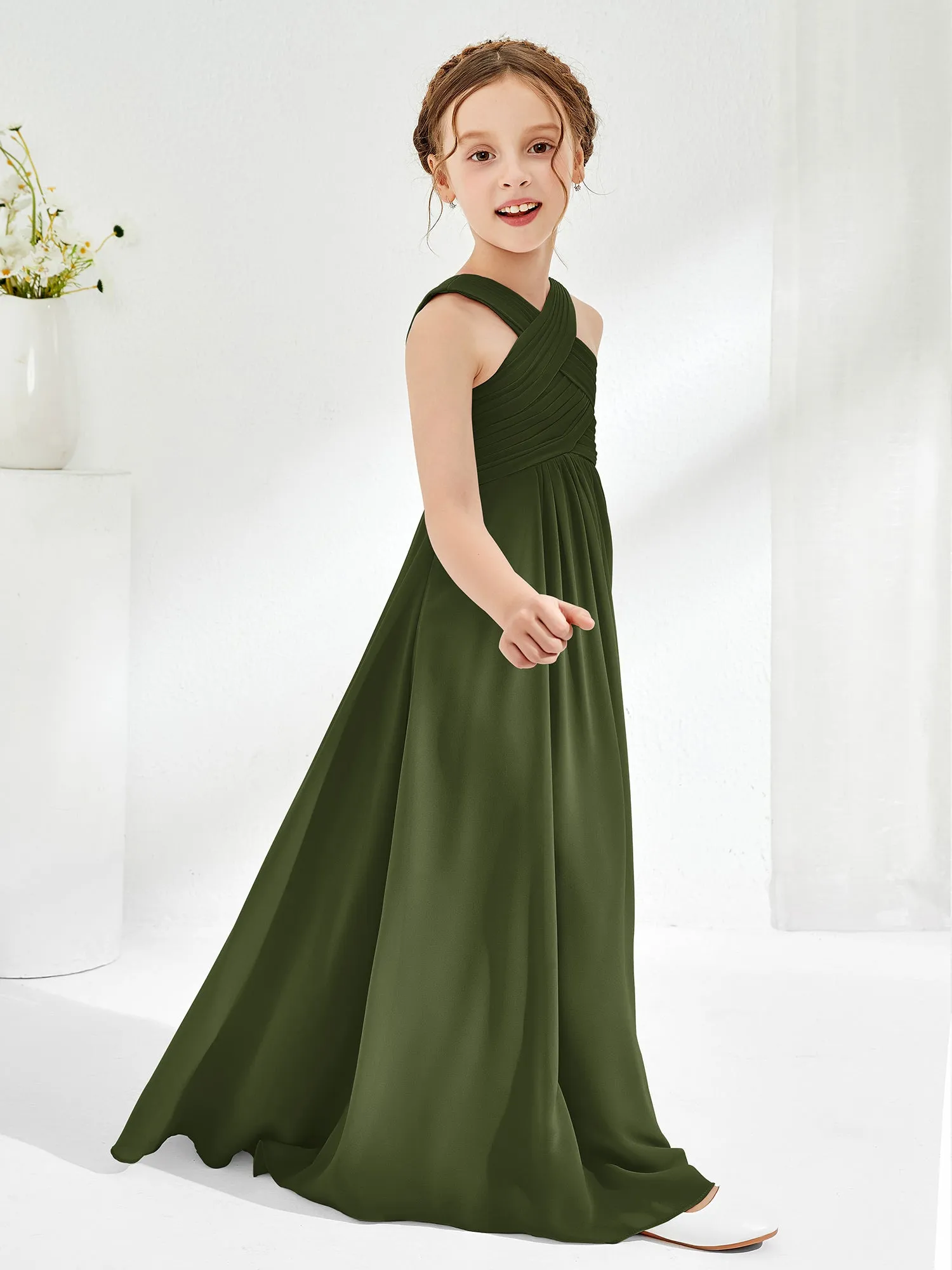 Cross Shoulder Strap Junior Bridesmaid Dresses with Empire Waist Olive Green