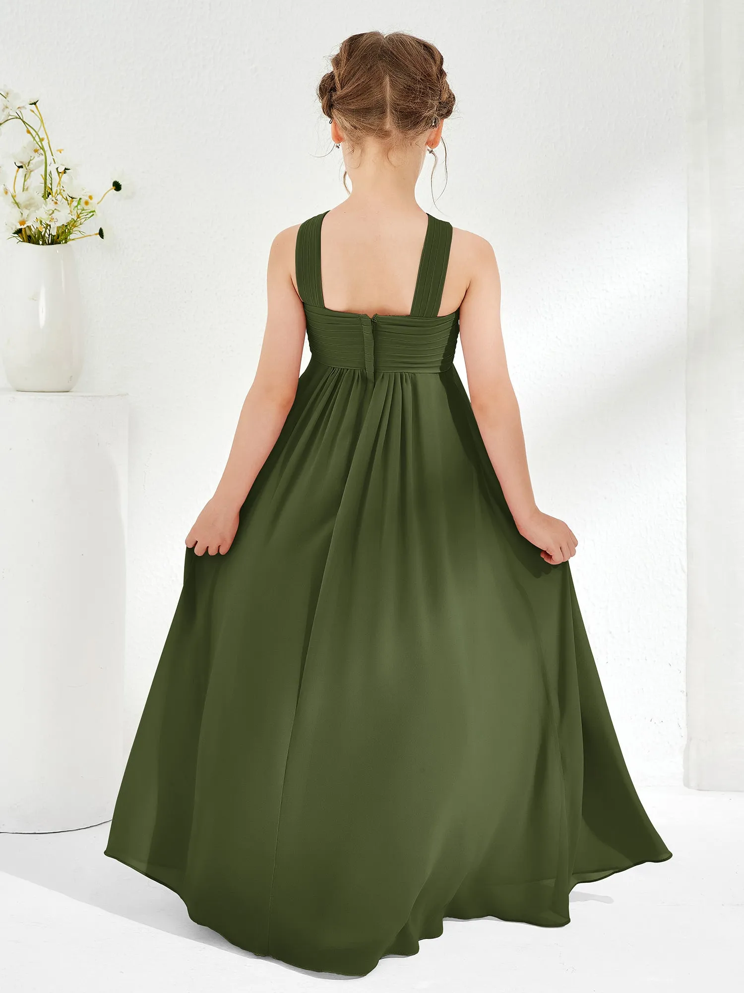 Cross Shoulder Strap Junior Bridesmaid Dresses with Empire Waist Olive Green