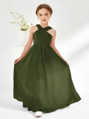 Cross Shoulder Strap Junior Bridesmaid Dresses with Empire Waist Olive Green