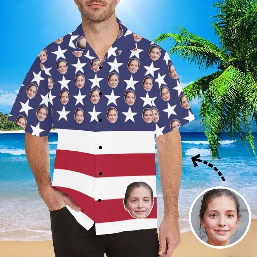 Custom Hawaiian Shirts with Girlfriend Face American Flag Aloha Shirt Birthday Vacation Party Gift for Him