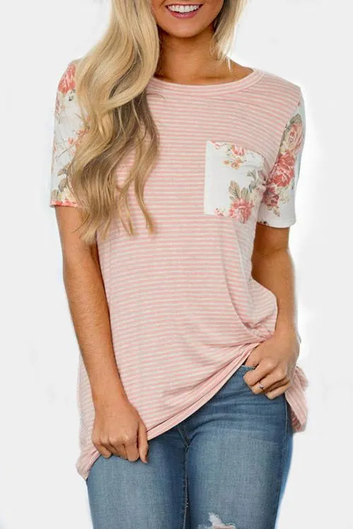 Custom Round Neck Stripe Floral Print Short Sleeve Tee