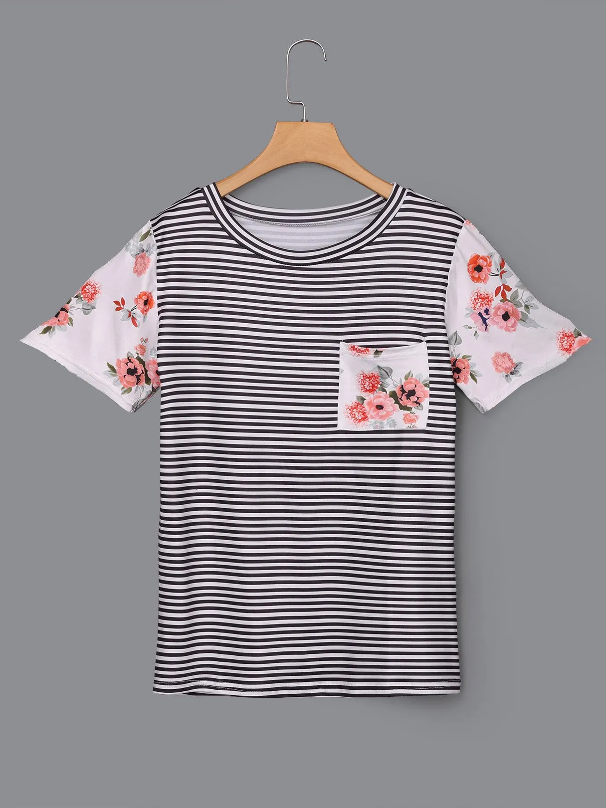 Custom Round Neck Stripe Floral Print Short Sleeve Tee