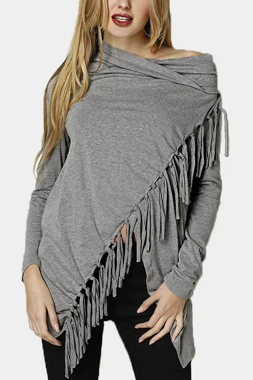 Custom Round Neck Tassel Long Sleeve Grey Top