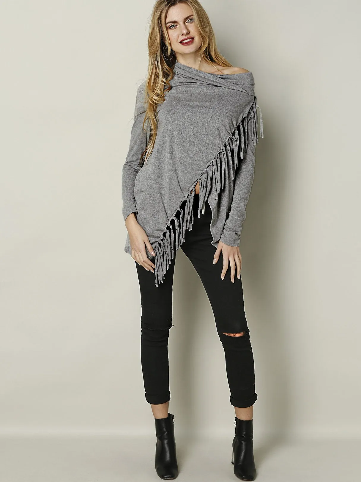 Custom Round Neck Tassel Long Sleeve Grey Top