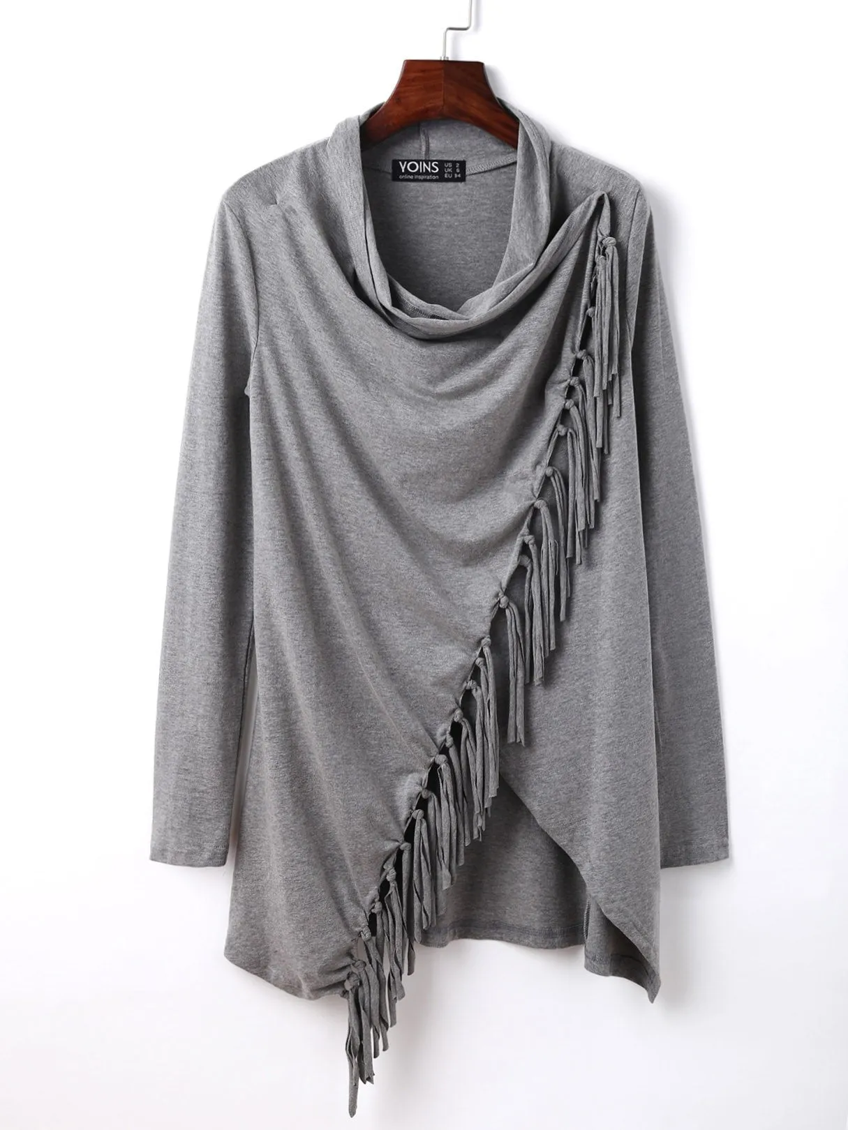 Custom Round Neck Tassel Long Sleeve Grey Top