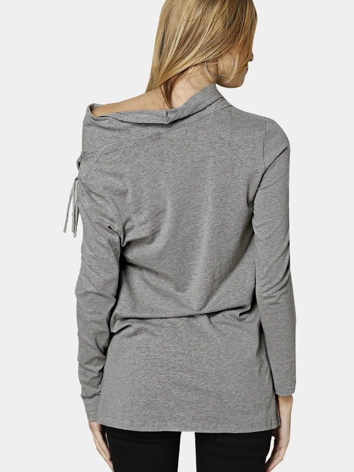 Custom Round Neck Tassel Long Sleeve Grey Top