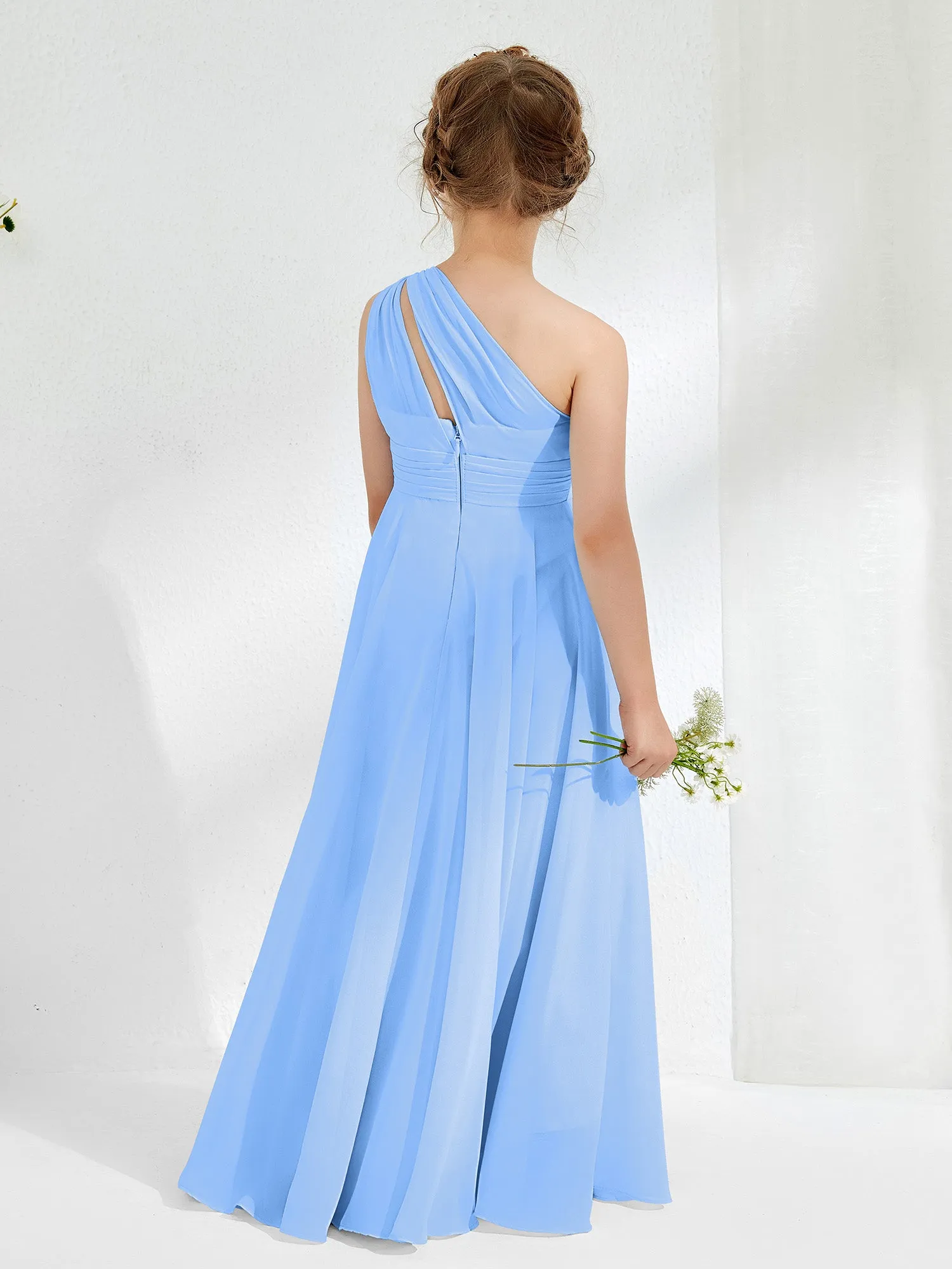 Cute One Shoulder  A-line Junior Bridesmaid Dresses Blue