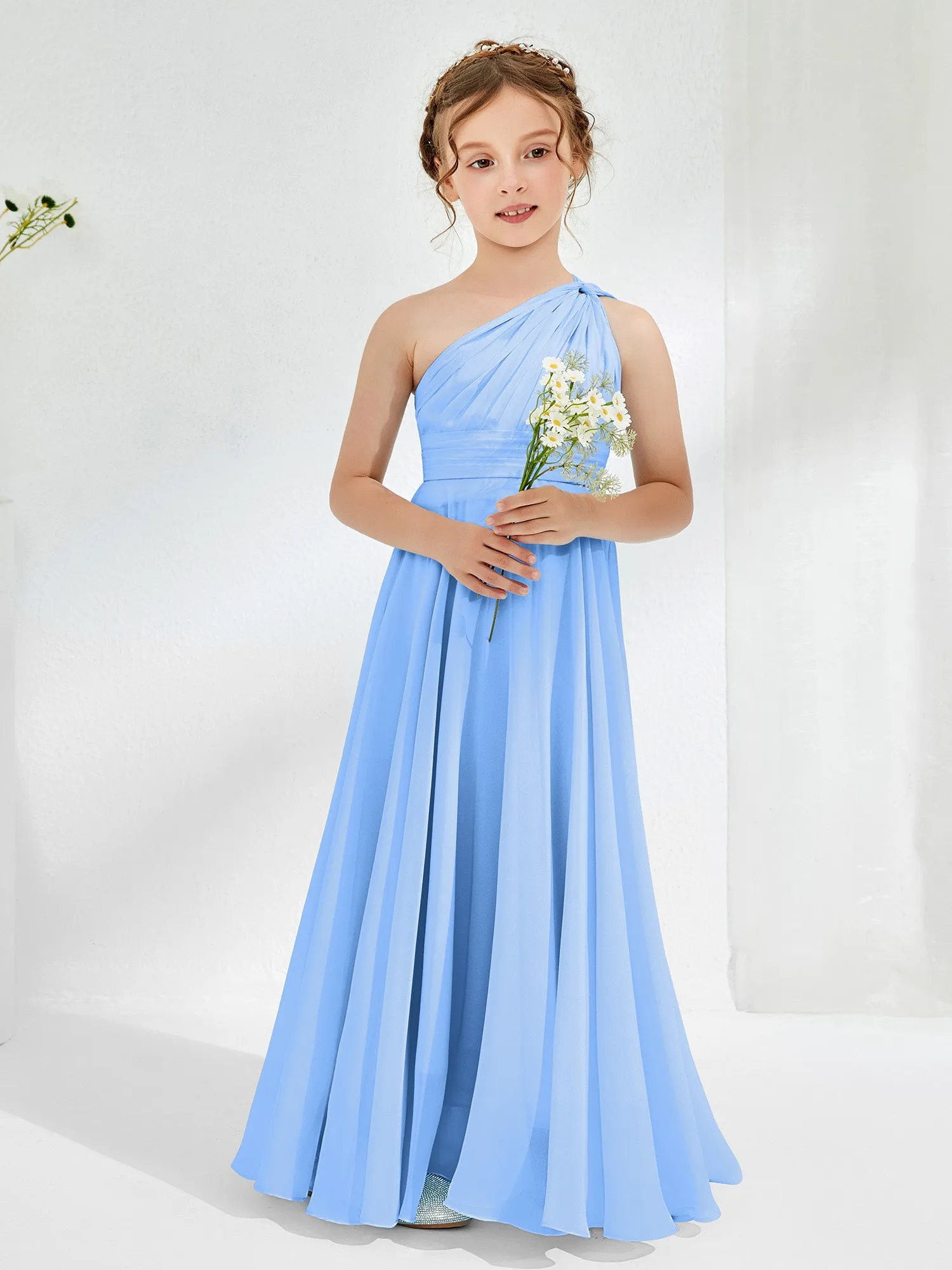 Cute One Shoulder  A-line Junior Bridesmaid Dresses Blue