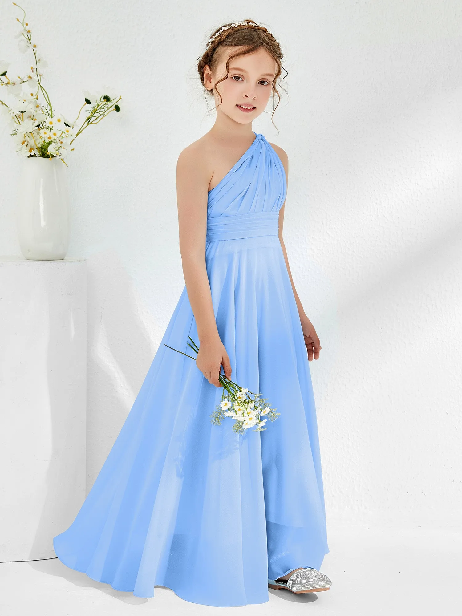 Cute One Shoulder  A-line Junior Bridesmaid Dresses Blue