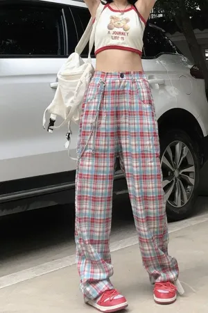 Cute Plaid Full Length Loose Pants