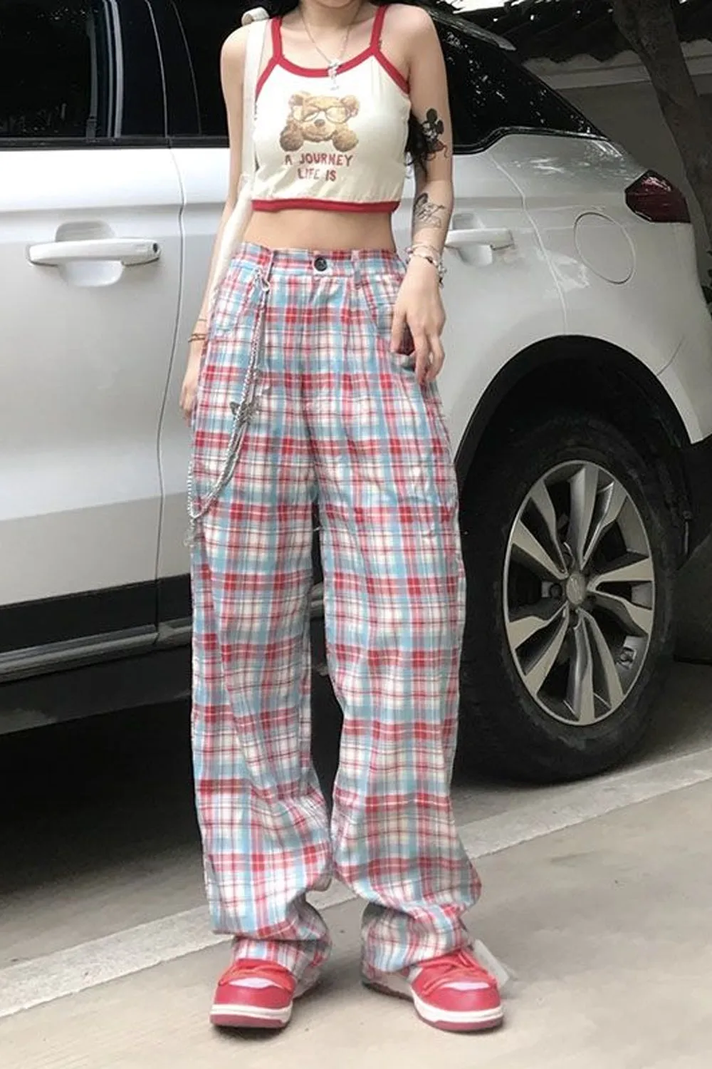 Cute Plaid Full Length Loose Pants